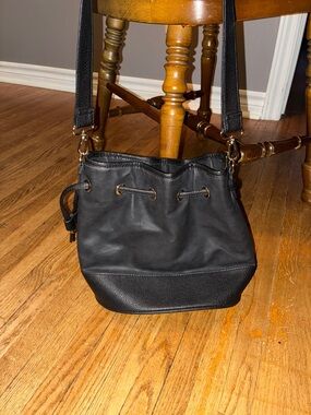 Stila Black Drawstring Crossbody Bucket Bag with Gold Hardware